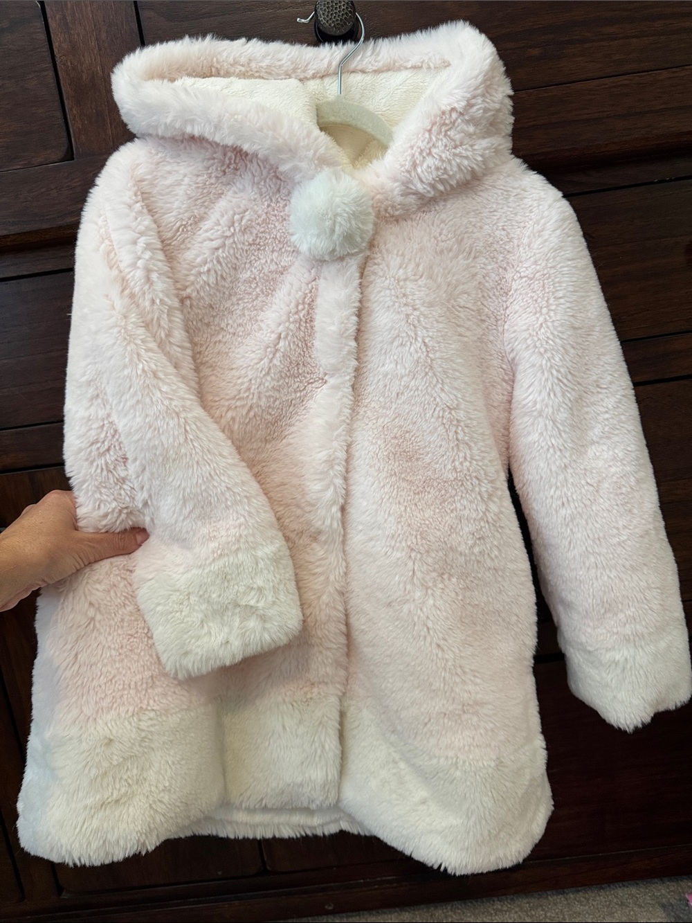 Girls' Plush Hooded Coat with Pom in Pale Pink